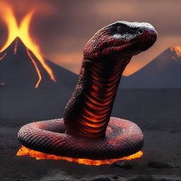 A magma Cobra, forged from smouldering lava, poised to strike against the backdrop of a volcanic crater.