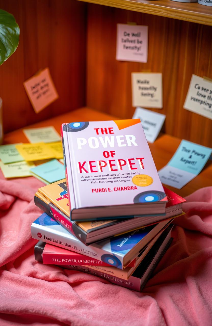 A stack of books featuring 'The Power of Kepepet' by Purdi E