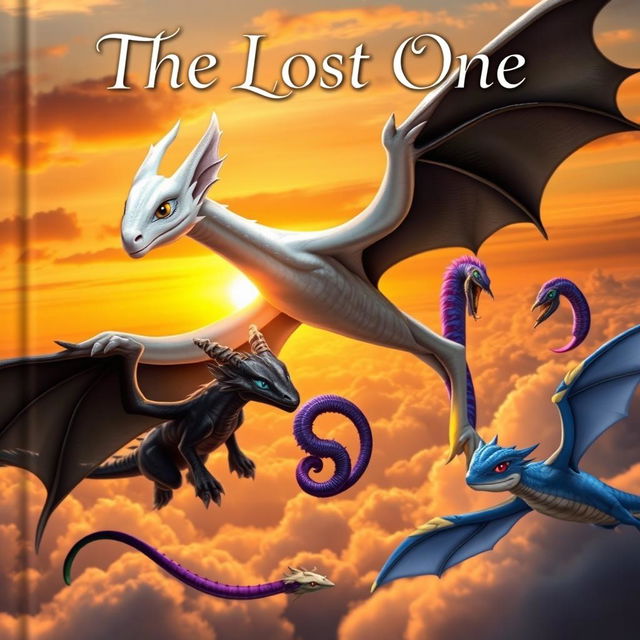 A captivating fantasy book cover featuring a collection of dragons soaring into the sunset horizon