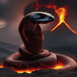 A magma Cobra, forged from smouldering lava, poised to strike against the backdrop of a volcanic crater.