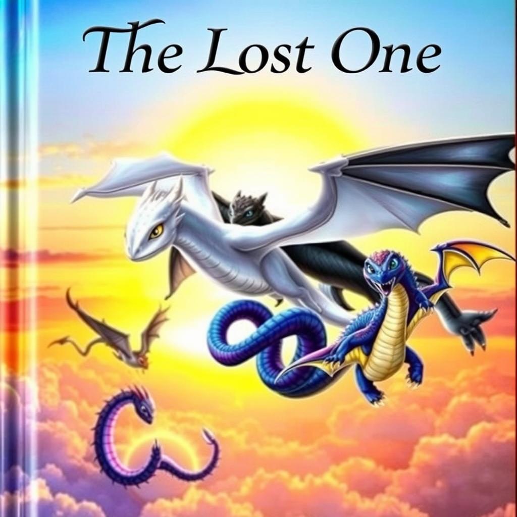 A captivating fantasy book cover featuring a collection of dragons soaring into the sunset horizon