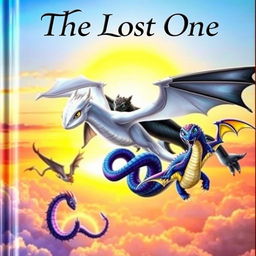 A captivating fantasy book cover featuring a collection of dragons soaring into the sunset horizon