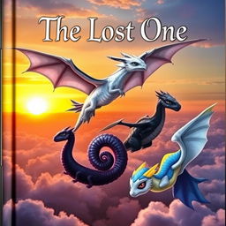 A captivating fantasy book cover featuring a collection of dragons soaring into the sunset horizon