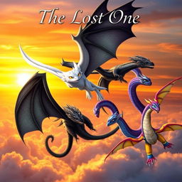 A captivating fantasy book cover featuring a collection of dragons soaring into the sunset horizon