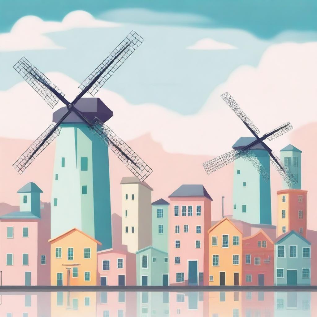 Draw a whimsical yet realistic cityscape in pastel colors, where the skyline and especially modern-design windmills take center stage