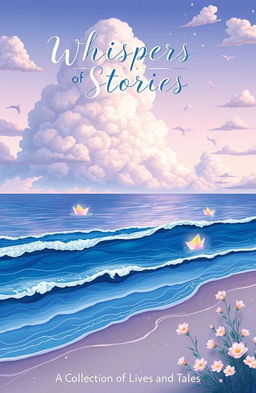 An enchanting book cover titled 'Whispers of Stories: A Collection of Lives and Tales' featuring a dreamy ocean theme