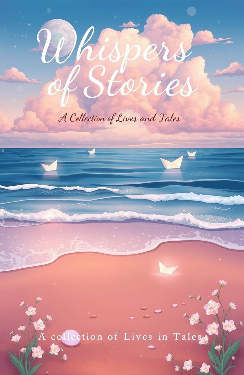 An enchanting book cover titled 'Whispers of Stories: A Collection of Lives and Tales' featuring a dreamy ocean theme