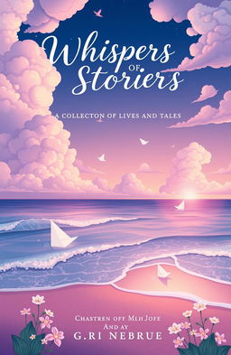 An enchanting book cover titled 'Whispers of Stories: A Collection of Lives and Tales' featuring a dreamy ocean theme