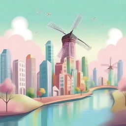 Draw a whimsical yet realistic cityscape in pastel colors, where the skyline and especially modern-design windmills take center stage