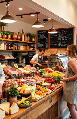 A cozy home deli setup featuring a vibrant assortment of gourmet meats, cheeses, and fresh produce