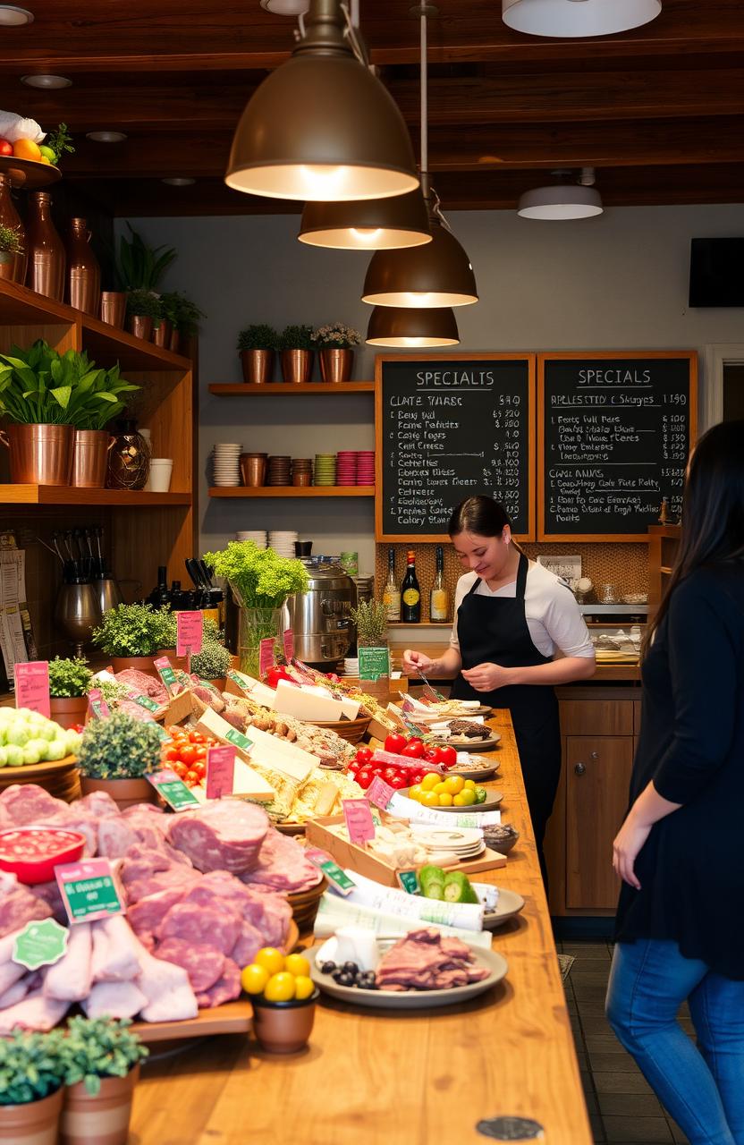 A cozy home deli setup featuring a vibrant assortment of gourmet meats, cheeses, and fresh produce