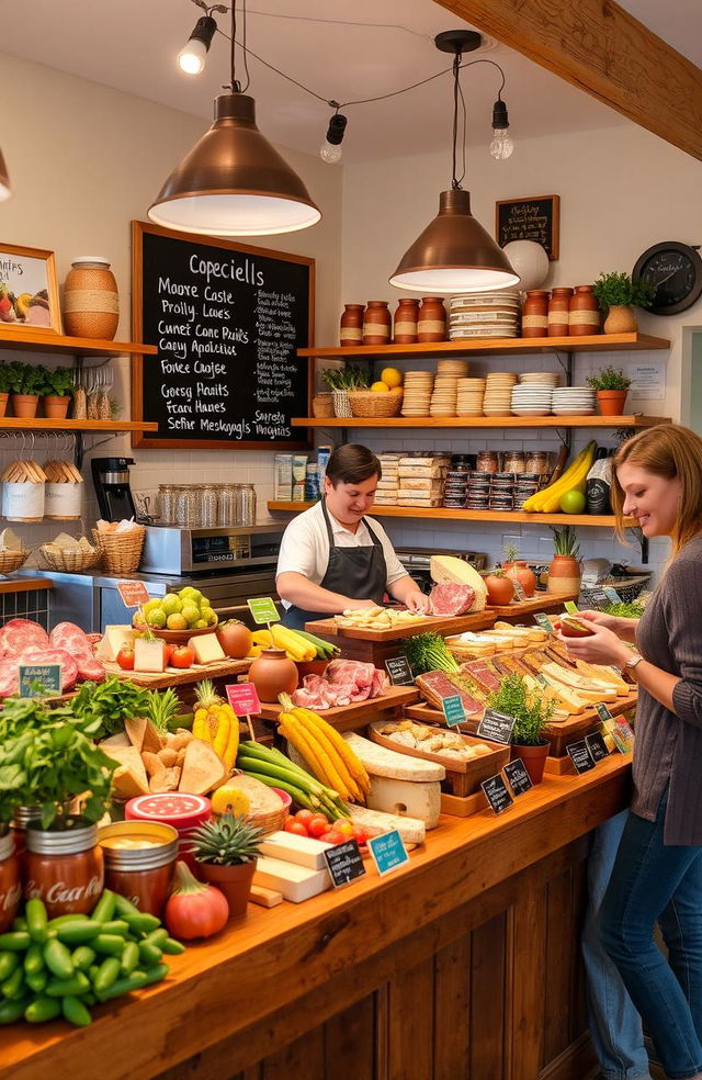 A cozy home deli setup featuring a vibrant assortment of gourmet meats, cheeses, and fresh produce