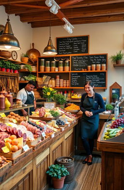 A cozy home deli setup featuring a vibrant assortment of gourmet meats, cheeses, and fresh produce