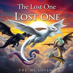 A mesmerizing fantasy book cover featuring an enchanting scene of dragons flying into a vivid sunset horizon