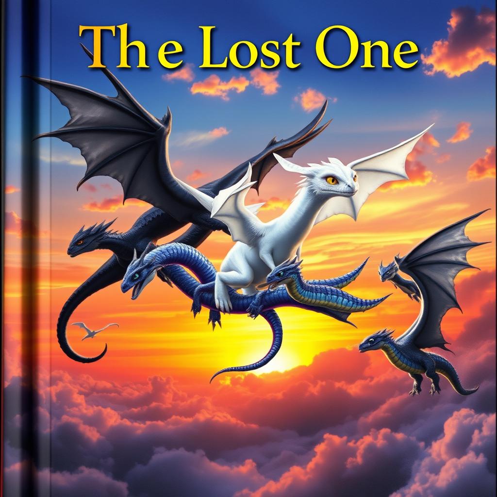 A mesmerizing fantasy book cover featuring an enchanting scene of dragons flying into a vivid sunset horizon