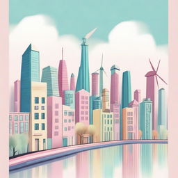 Draw a whimsical yet realistic cityscape in pastel colors, where the skyline and especially modern-design windmills take center stage