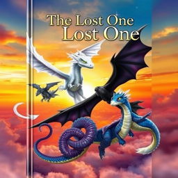 A mesmerizing fantasy book cover featuring an enchanting scene of dragons flying into a vivid sunset horizon
