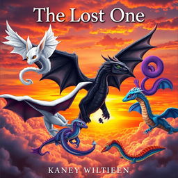 A mesmerizing fantasy book cover featuring an enchanting scene of dragons flying into a vivid sunset horizon