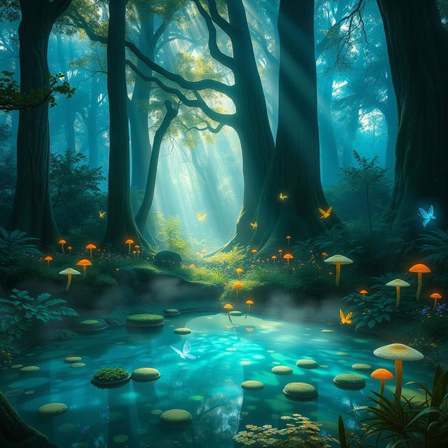 An ethereal forest filled with bioluminescent plants and glowing mushrooms, bathes the environment in soft blue and green hues