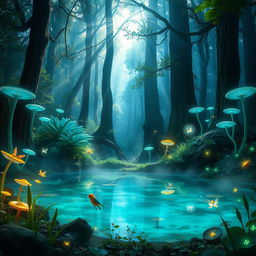 An ethereal forest filled with bioluminescent plants and glowing mushrooms, bathes the environment in soft blue and green hues