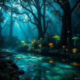 An ethereal forest filled with bioluminescent plants and glowing mushrooms, bathes the environment in soft blue and green hues