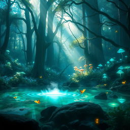 An ethereal forest filled with bioluminescent plants and glowing mushrooms, bathes the environment in soft blue and green hues