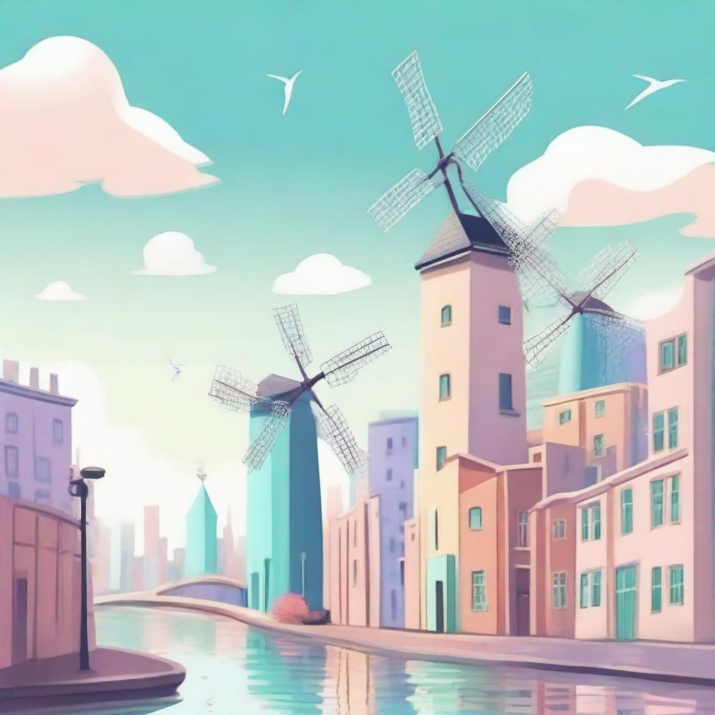 Draw a whimsical yet realistic cityscape in pastel colors, where the skyline and especially modern-design windmills take center stage