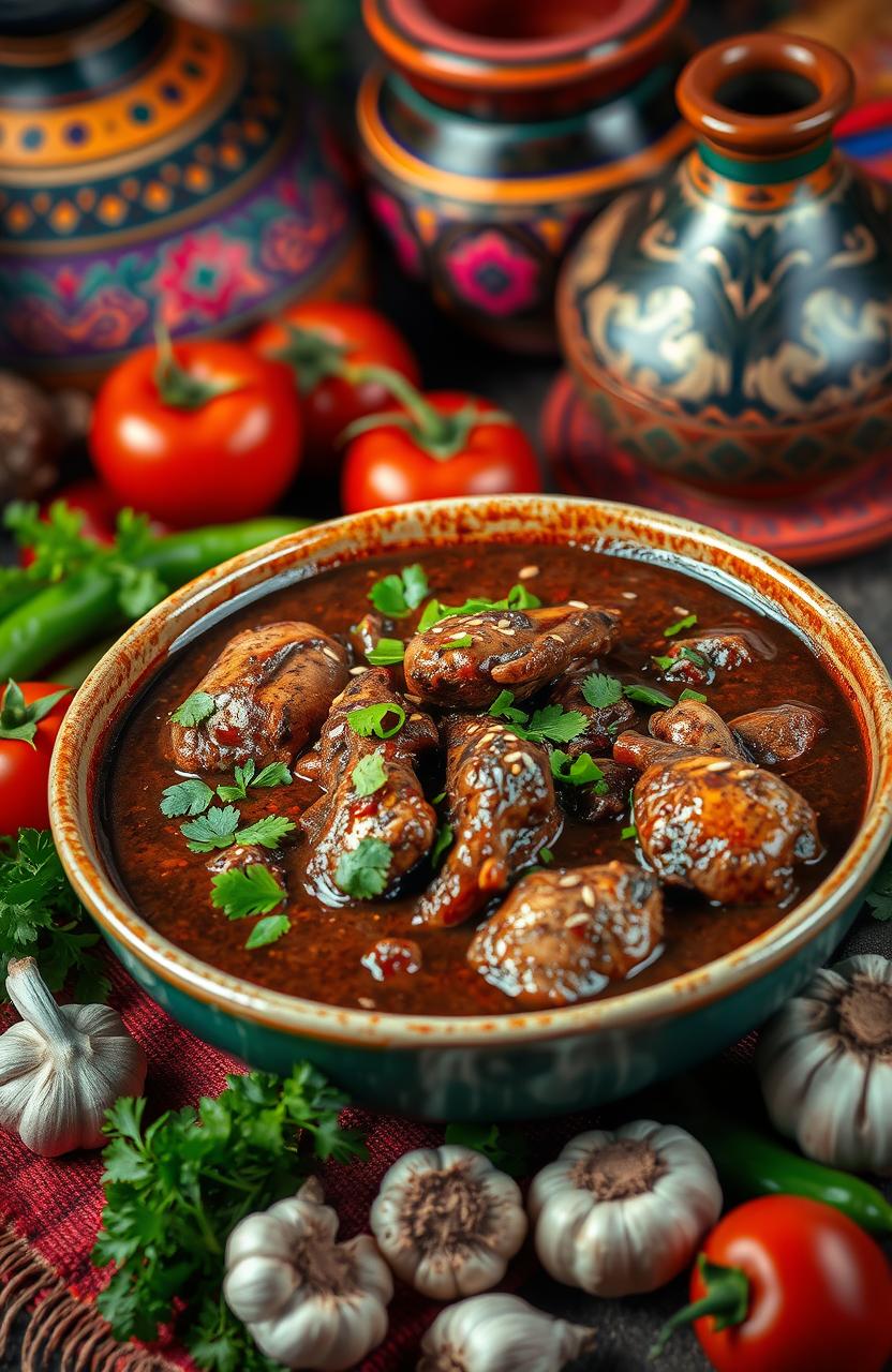 A vibrant, colorful still life depicting a delicious and appetizing moli (a traditional Mexican dish) served in an elegant setting