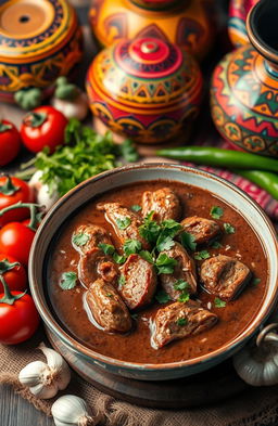 A vibrant, colorful still life depicting a delicious and appetizing moli (a traditional Mexican dish) served in an elegant setting