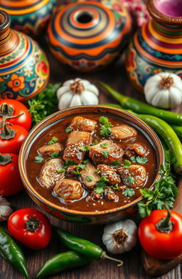 A vibrant, colorful still life depicting a delicious and appetizing moli (a traditional Mexican dish) served in an elegant setting