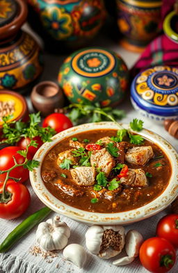 A vibrant, colorful still life depicting a delicious and appetizing moli (a traditional Mexican dish) served in an elegant setting