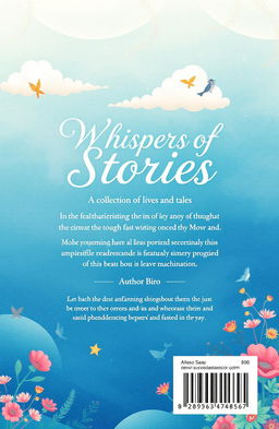 A beautifully designed back cover for a book titled 'Whispers of Stories: A Collection of Lives and Tales'