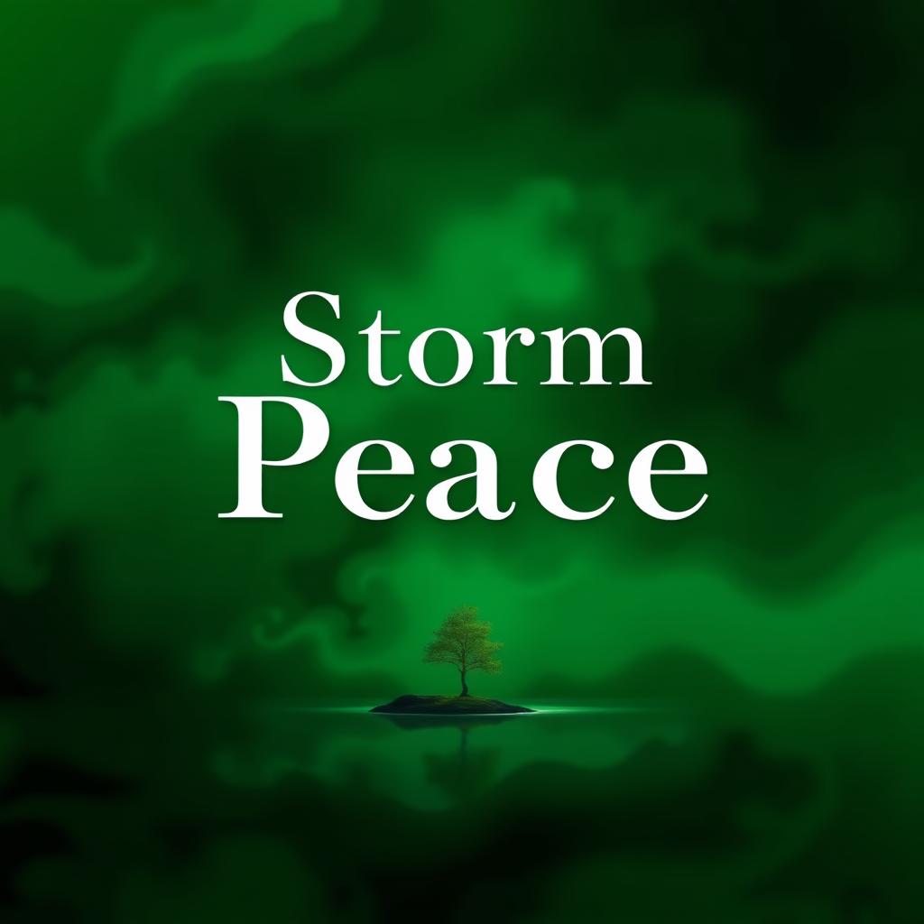 A captivating book cover design featuring a rich green background that symbolizes both storm and peace