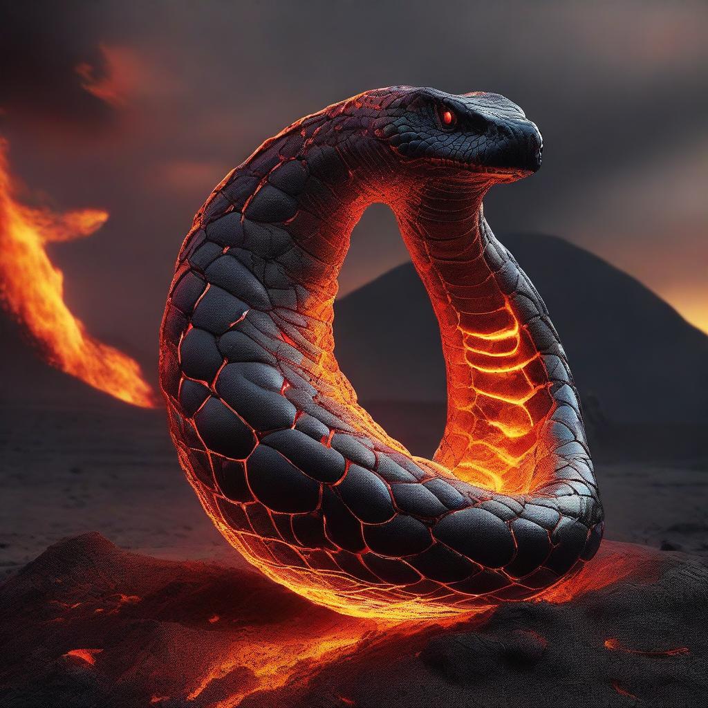 An intimidating cobra made entirely of molten lava, coiled and ready to strike in a volcanic landscape.