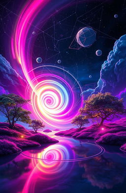A surreal landscape depicting 'The Vanishing Pulse', featuring a vibrant, swirling vortex of neon colors