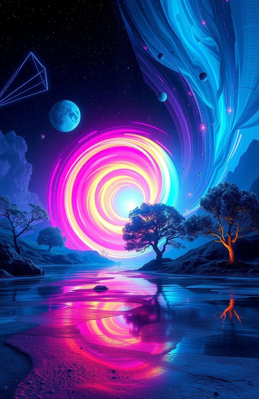 A surreal landscape depicting 'The Vanishing Pulse', featuring a vibrant, swirling vortex of neon colors