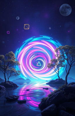 A surreal landscape depicting 'The Vanishing Pulse', featuring a vibrant, swirling vortex of neon colors