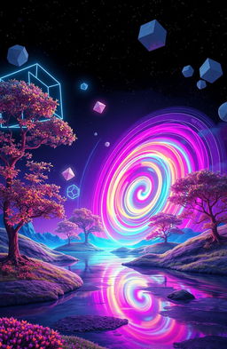 A surreal landscape depicting 'The Vanishing Pulse', featuring a vibrant, swirling vortex of neon colors