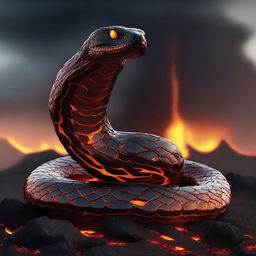 An intimidating cobra made entirely of molten lava, coiled and ready to strike in a volcanic landscape.