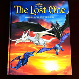 A captivating fantasy book cover depicting a dramatic sky filled with dragons soaring towards a colorful sunset horizon