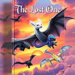 A captivating fantasy book cover depicting a dramatic sky filled with dragons soaring towards a colorful sunset horizon