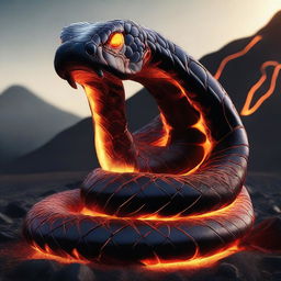 An intimidating cobra made entirely of molten lava, coiled and ready to strike in a volcanic landscape.