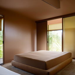 A large, king-sized bed with a chocolate brown headboard rests against a wall, surrounded by light brown painted walls on either side. On both sides of the bed, there is ample space. Facing the bed, a spacious area reveals cupboards, and sliding windows let in natural light.