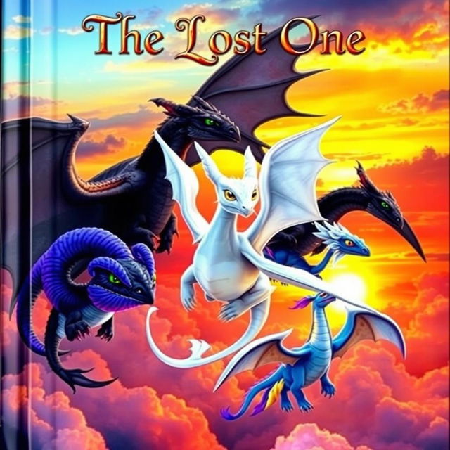 A captivating fantasy book cover depicting a dramatic sky filled with dragons soaring towards a colorful sunset horizon