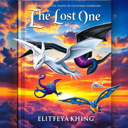 A captivating fantasy book cover depicting a dramatic sky filled with dragons soaring towards a colorful sunset horizon