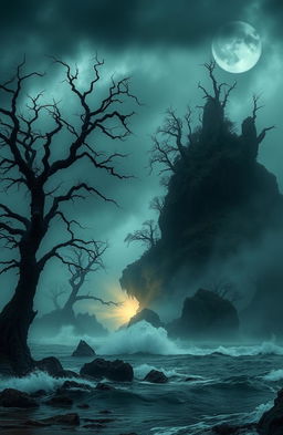 A desolate uninhabited island shrouded in mist and mystery, featuring twisted, gnarled trees and dark, ominous rock formations