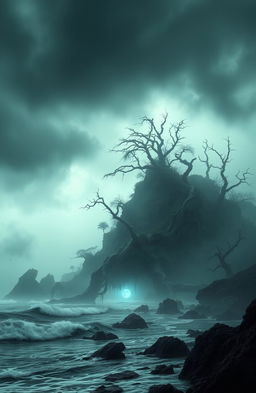 A desolate uninhabited island shrouded in mist and mystery, featuring twisted, gnarled trees and dark, ominous rock formations
