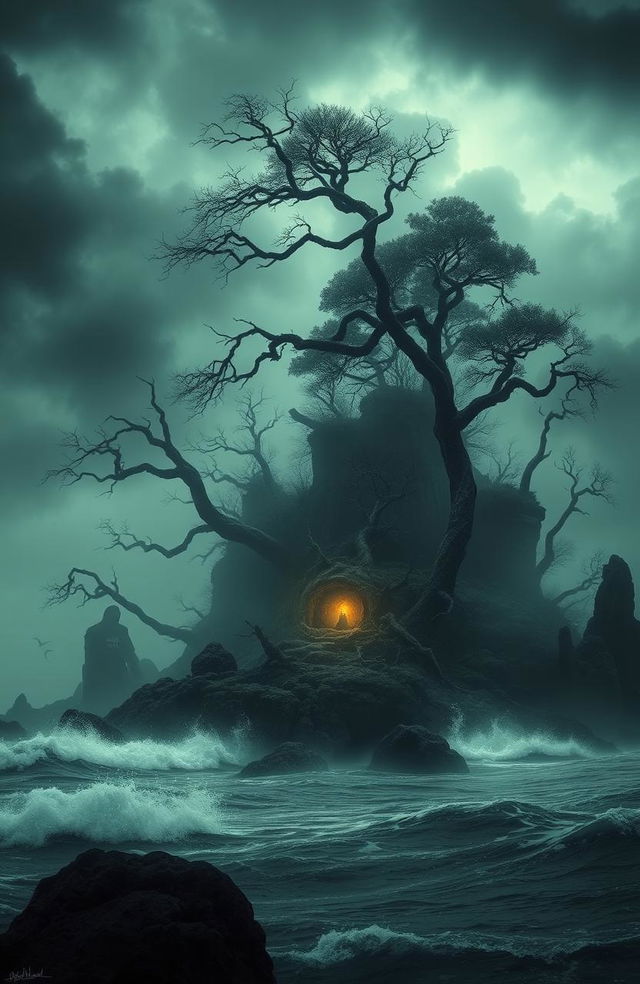 A desolate uninhabited island shrouded in mist and mystery, featuring twisted, gnarled trees and dark, ominous rock formations