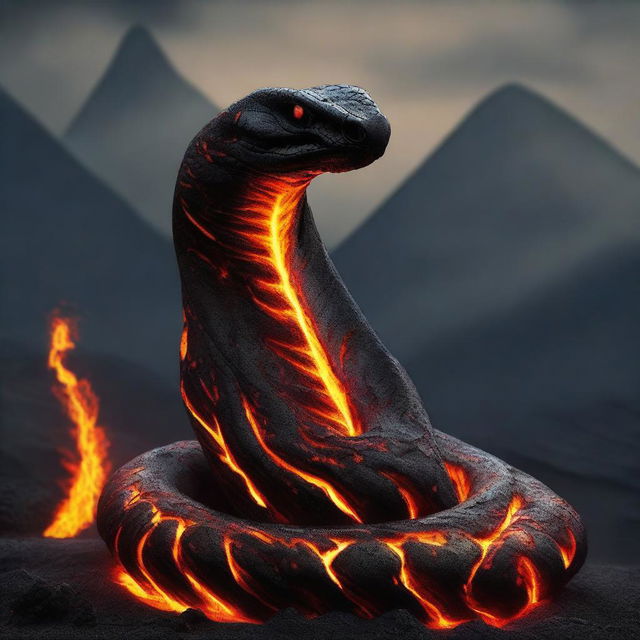 An intimidating cobra made entirely of molten lava, coiled and ready to strike in a volcanic landscape.