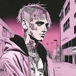 A respectful and artistic portrayal of the late musician Lil Peep, captured in his signature style against an urban backdrop.